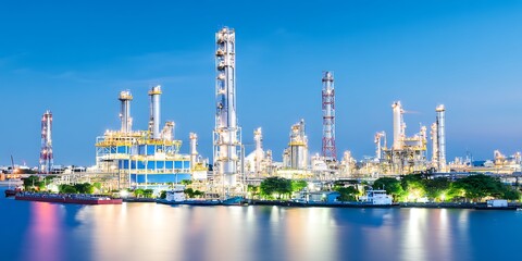 Industrial complex at dusk reflects on water