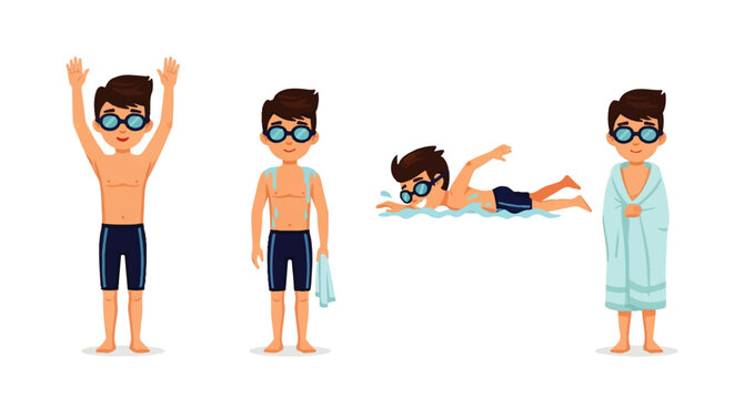 Cartoon Swimmer in Various Poses with Goggles and Dark Blue Swim Trunks