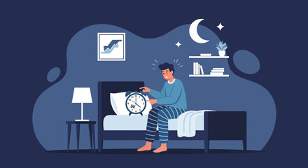 Sleepless nights, a man sits in bed struggling with insomnia, vector graphic design displaying night scene and anxiety disorder