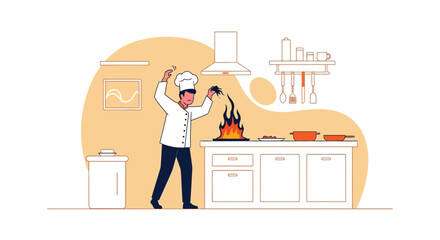 Stressed Chef Experiencing Cooking Disaster And Restaurant Culinary Emergency