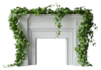 Elegant white fireplace adorned with lush green ivy vines isolated on transparent background