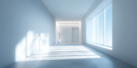 Bright empty room with large windows, modern minimalist design, soft natural light streaming in, ideal for creative inspiration.