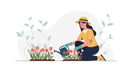 Woman Gardener Watering Tulips in a Beautifully Cultivated Garden Bed