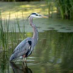 Great blue heron standing in shallow green water with reeds bird wildlife