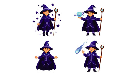 Four Cartoon Wizards in Various Magical Poses