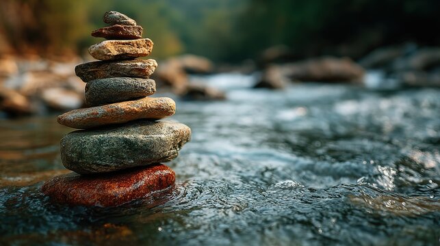Serene river scene with meticulously balanced rock stack