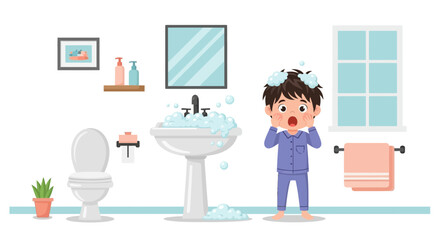 Obraz premium Surprised boy in pajamas with soapy hair in bathroom illustration scene
