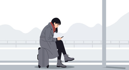 Fototapeta premium Woman Sitting On Suitcase Using Smartphone At Airport During Winter