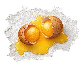 Two cracked eggs, yolks spilling onto textured paper
