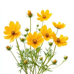 Fototapeta premium Vibrant yellow cosmos flowers isolated on white background