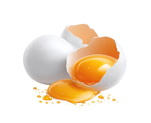 Three white eggs, one cracked open, yolk spilling