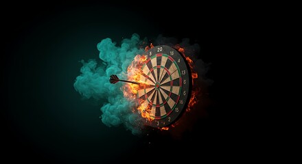 A dart hits the bullseye in a flaming dartboard.