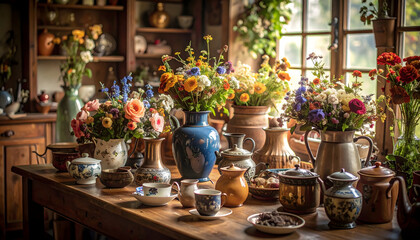 Fototapeta premium A rustic table displays a vibrant collection of flowers in various antique vases, creating a warm and inviting atmosphere.