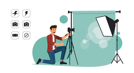 Young Photographer In Studio Setting With Camera, Softbox, And Background