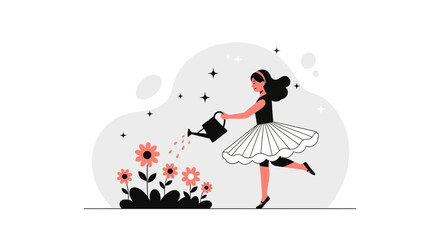 Young Woman Ballet Dancer Watering Garden Flowers With Can Illustration