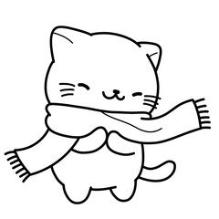 Vector illustration of a cartoon sketch of a cat wearing a scarf in winter, used as icon or sticker, logo and for coloring book.