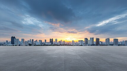 Obraz premium Panoramic sunset cityscape view from above: empty square concrete floor against urban skyline, vast minimalist space for advertising backdrop and product display