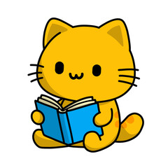 Vector illustration of a sitting cat reading, used as icon or sticker, logo.