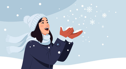Young woman enjoying the winter season catching snowflakes with a joyful expression, a vector illustration evoking the magic of winter