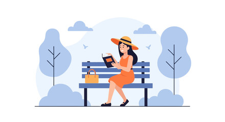 Young Woman Enjoys Reading Outdoors On A Bench In A Peaceful Park