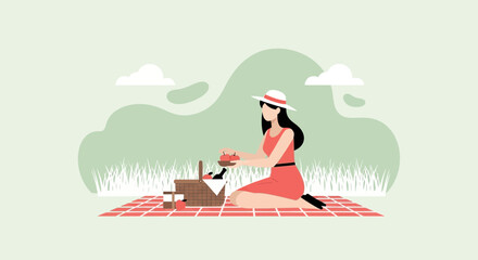 Young Woman Enjoys A Peaceful Picnic Day With a Scenic Countryside Backdrop