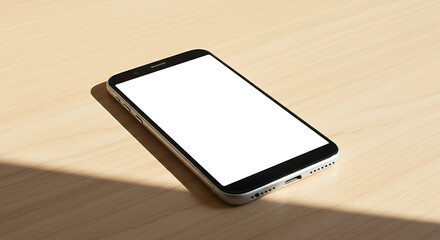 Modern smartphone with blank white screen placed flat on bright wooden surface