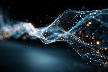 Dynamic digital particles flowing over dark blue gradient background