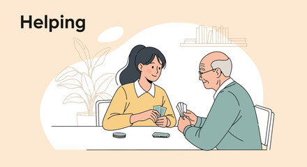 Young Woman Playing Cards With An Elderly Man At Table Together