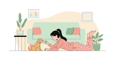Young Woman Playing With Golden Puppy Relaxing on Floor in Living Room
