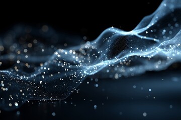 Dynamic digital particles flowing over dark blue gradient background
