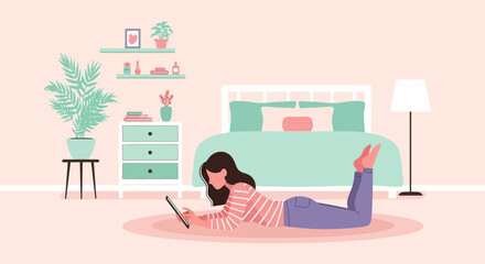 Young Woman Relaxing At Home And Using Tablet Device In A Cozy Room