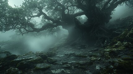 Obraz premium Ancient Gnarled Tree Guards a Misty Path in an Enchanted Forest