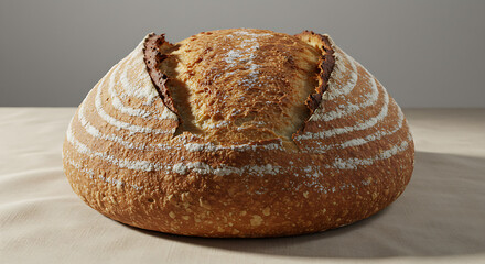 Rustic round bread loaf on beige linen cloth soft flour dust