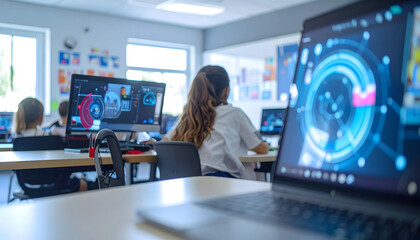 Students in a classroom focused on computers, engaged in learning.
