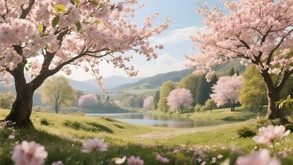 cherry blossom in spring, serene spring with this stunning landscape featuring blooming cherry blossoms. Perfect for wall art, prints, or digital backgrounds