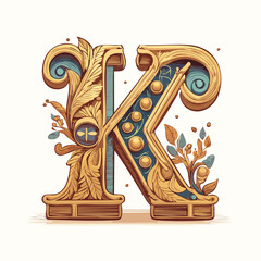 A detail letter K alphabet classic style, linocut and engraving illustration style