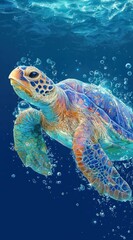 Fototapeta premium Vibrant sea turtle emerging from water