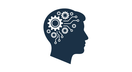 Flat icon of a human head silhouette with gear and circuit