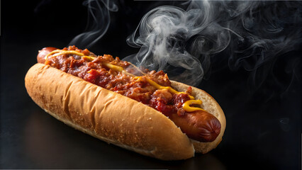 Grilled hot dog on bun, with mustard and ketchup, isolated on black for a classic fast-food meal or snack