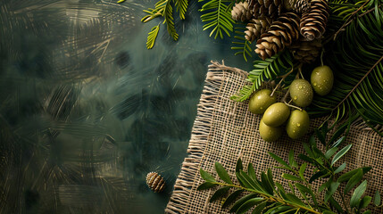 Green olives on branch arranged on jute surface with fern accents and deep green tones suggesting forest undergrowth softly lit by dappled sunlight for organic immersive appeal