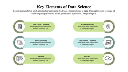 An infographic showing the key elements of data science with simple icons and text labels.