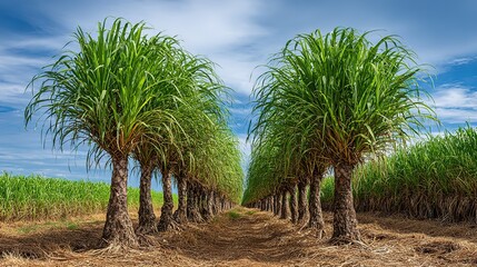 Fototapeta premium Aerial view of lush green sugarcane plantation in Asia, endless rows of tall cane plants under bright tropical sky, natural landscape stretching to distant hills,