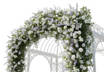 Elegant white wedding arbor adorned with lush white and green floral arrangements isolated on transparent background