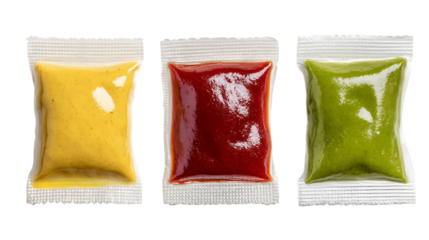 Three Condiment Packets: Yellow Mustard, Red Ketchup, and Green Sauce, PNG
