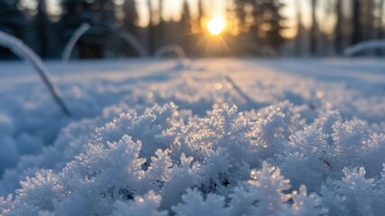 Close-up of frosty snow crystals at sunrise in a winter forest landscape - Powered by Adobe