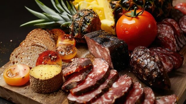 A delicious assortment of cured meat and vegetables, ready to be enjoyed as a gourmet snack or as part of a wine pairing.