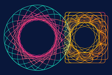 Dynamic abstract geometric design featuring vibrant intersecting wireframe circles and squares in modern neon hues, perfect for tech backgrounds and creative projects