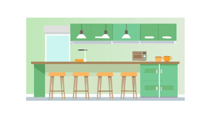 A modern kitchen interior design with green cabinets, a long central island with bar stools, isolated on white background, presented as a simple flat vector illustration