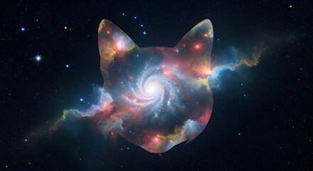 Cosmic Cat Silhouette with Galaxy and Nebula Inside