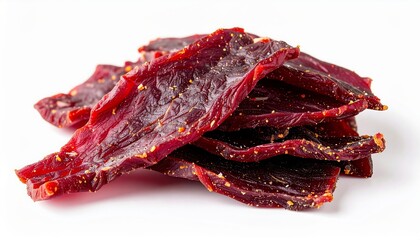 Obraz premium Delicious Spicy Beef Jerky Slices Close Up Studio Shot Perfect for Food Blog Snack Packaging Design